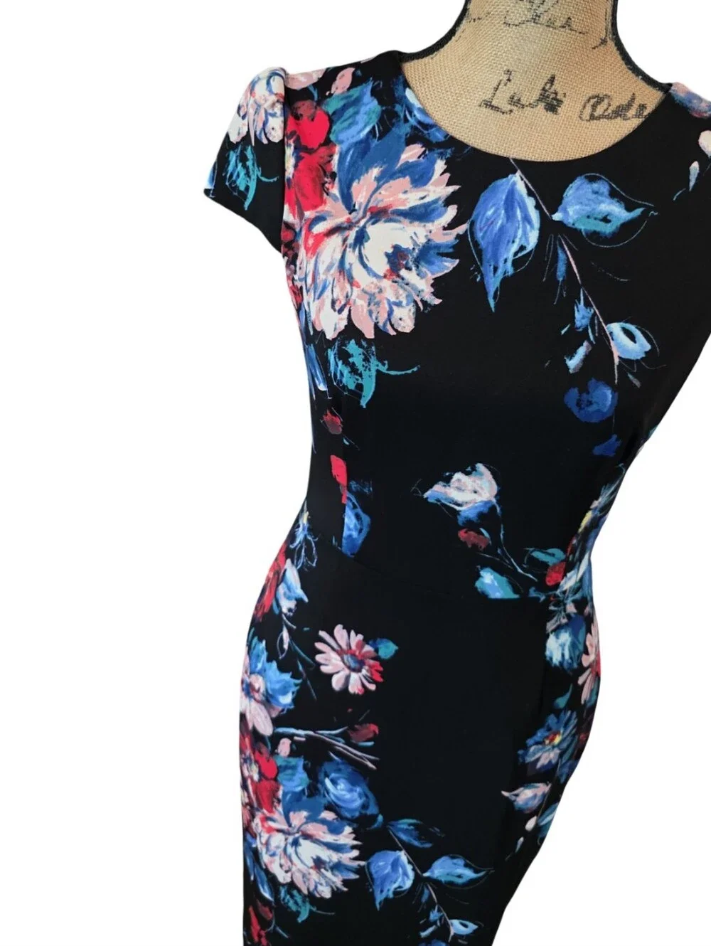 Betsey Johnson Black Floral Sheath Midi Dress with Pink &‎ Blue Blooms Size 4